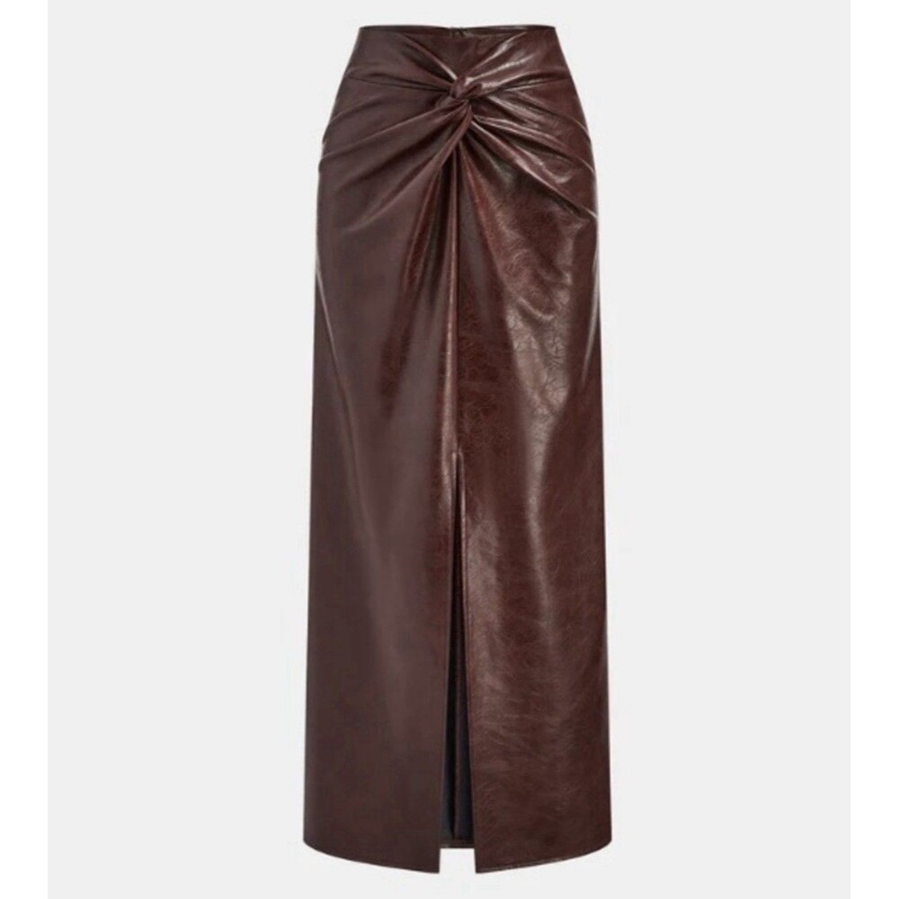 Commense Knot Slit PU Faux Leather Burgundy Maxi Skirt Women’s Size Small NWT